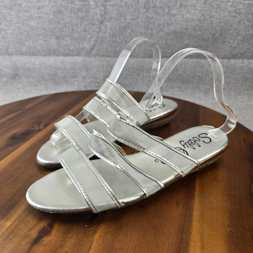Solely Ours Vintage Silver‎ Mesh Strappy Slide Sandals Size 10 Taiwan